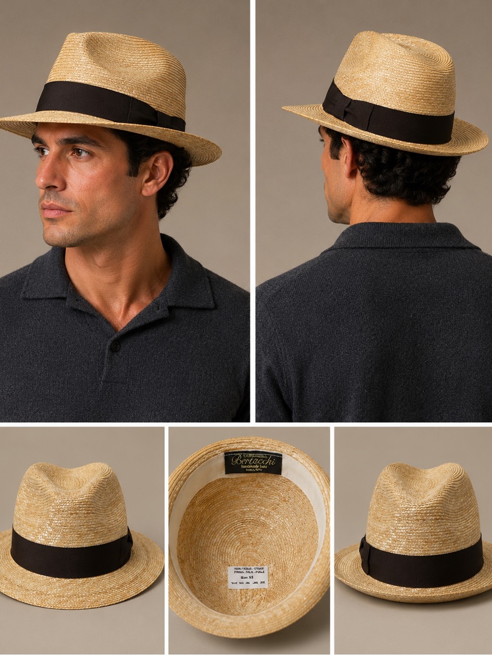 Bertacchi Natural Straw Fedora with Black Band